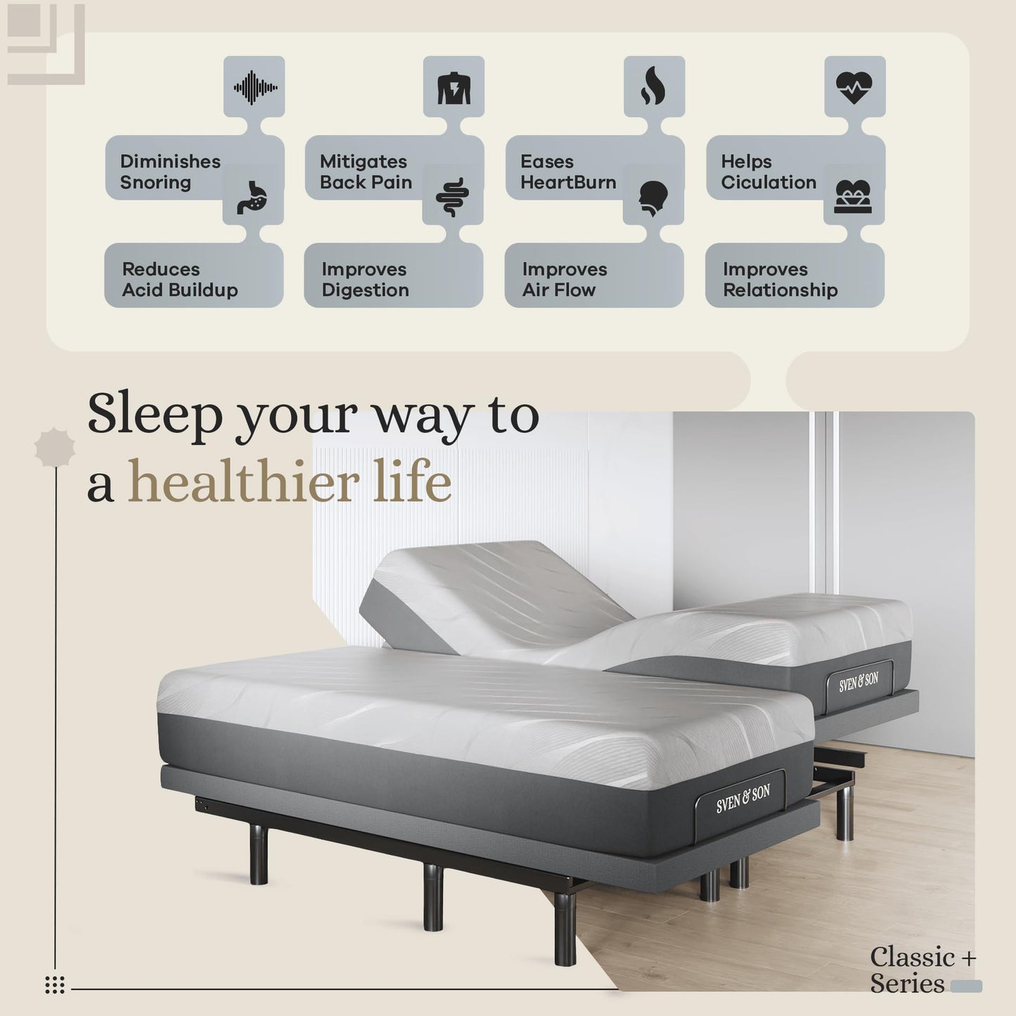 Sven & Son Harmony Adjustable Bed Base, Head and Foot Lift, Massage, Under-Bed Lights, USB, Gel Memory, Zero Gravity Smart Frame - Split King + 12 inch Memory Foam Matt (Medium)
