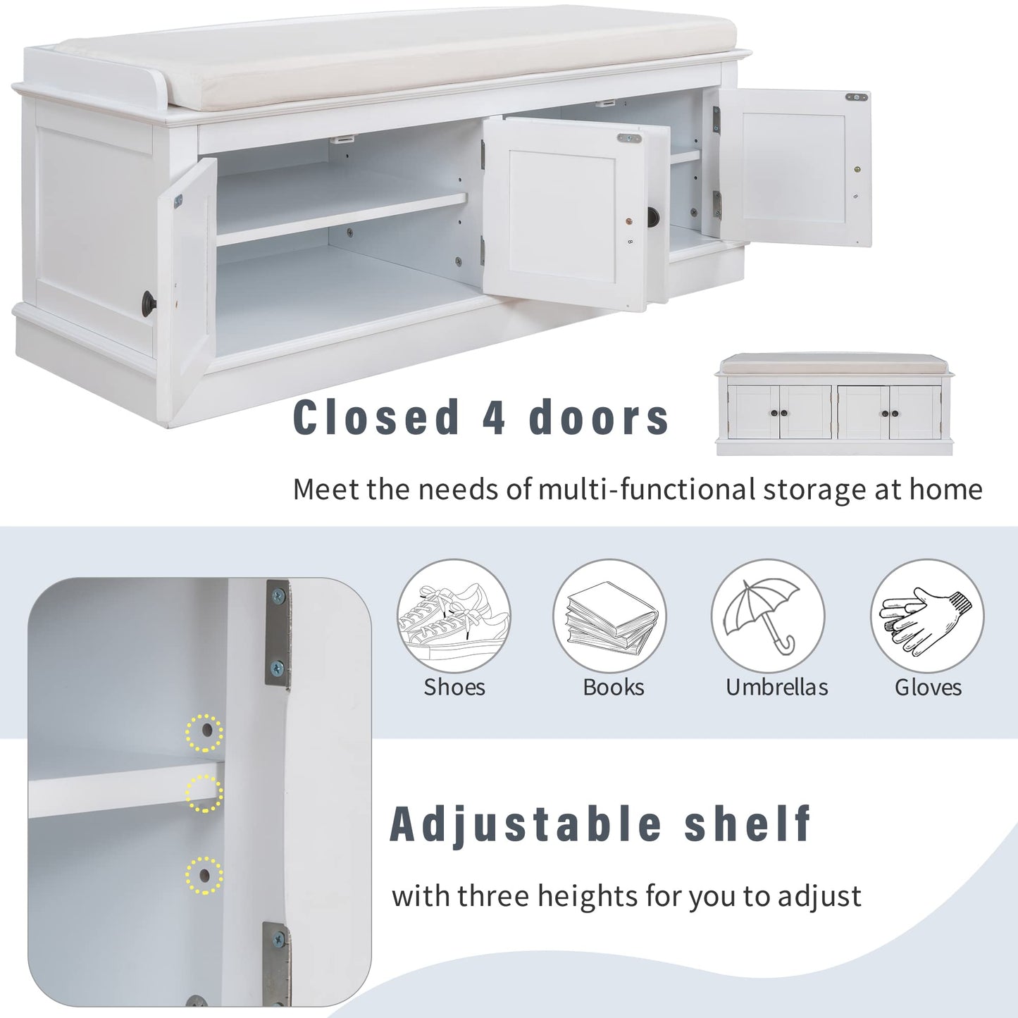 GDFStudio Jasd Storage Bench with 4 Doors and Adjustable Shelves, Removable Cushion Bench Ottoman, Solid Wood Frame Storage Ottoman, Rectangular Cabinet with Seating for Living Room Entryway, White