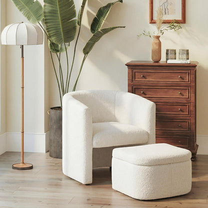 COLAMY Velvet Morden Living Room Chair with Storage Ottoman, Barrel Accent Chair with Lounge Seat for Bedroom/Reading Spaces, Rubberwood, Sponge Foam, Cream
