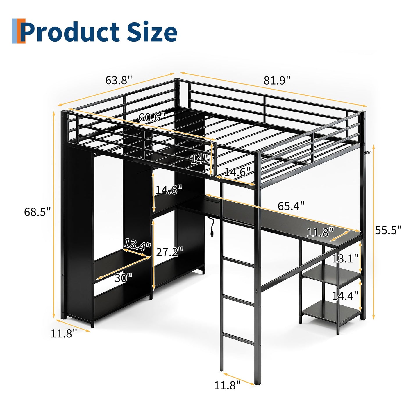 GarveeHome Queen Loft Bed with L-Shaped Desk and Storage Shelves, Queen Size Loft Bed Frame with Wardrobe, Hanging Rod, Guardrail and Ladder, Adults-Loft Beds Nosie-Free