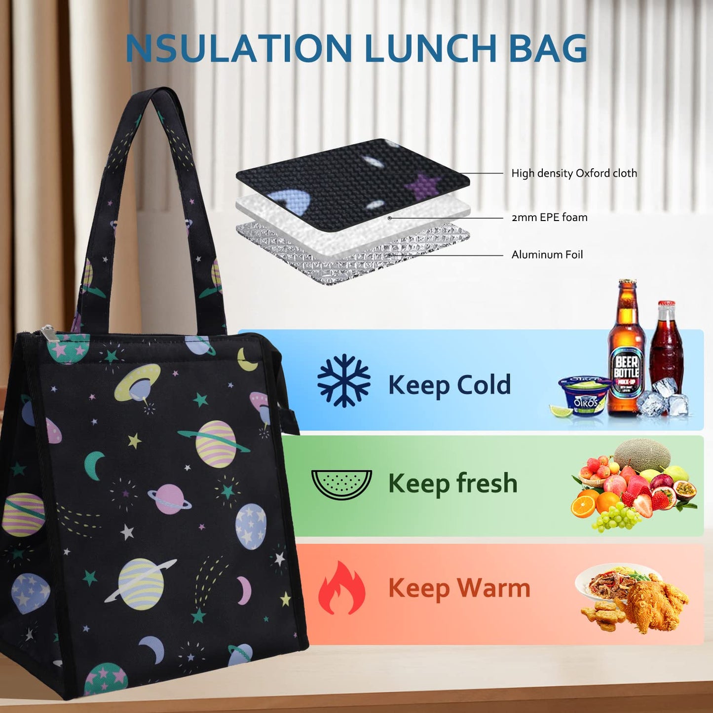 iknoe Lunch Bag Insulated Lunch Bags for Women & Men, 9L Reusable Lunch Tote, Portable Adult Thermal Large Lunch Cooler for Work Picnic Beach (Space Planet)