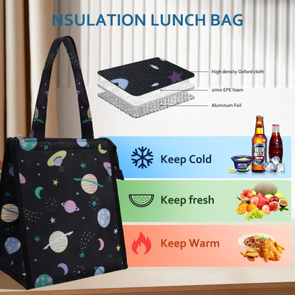 iknoe Lunch Bag Insulated Lunch Bags for Women & Men, 9L Reusable Lunch Tote, Portable Adult Thermal Large Lunch Cooler for Work Picnic Beach (Space Planet)