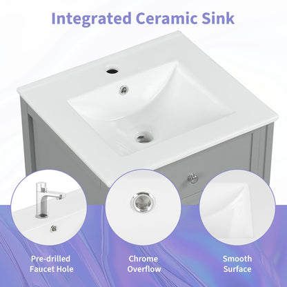 Favfurish 20" Bathroom Vanity with Ceramic Sink, Undermount Single Basin Bath Vanity Set w/Soft-Close Door and Storage Rack & Adjustable Shelf, Modern Freestanding Cabinet for Small Space, Grey