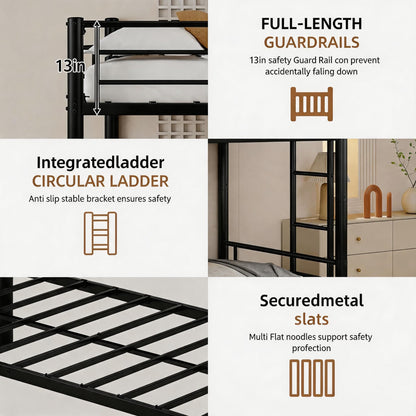 FammyLoft Twin XL Over Queen Bunk Bed with Twin Size Trundle, Heavy Duty Bunk Beds for Adults, Metal Bunk Bed Frame with Safety Guardrails & 2 Side Ladder, Space Saving Frame, Black