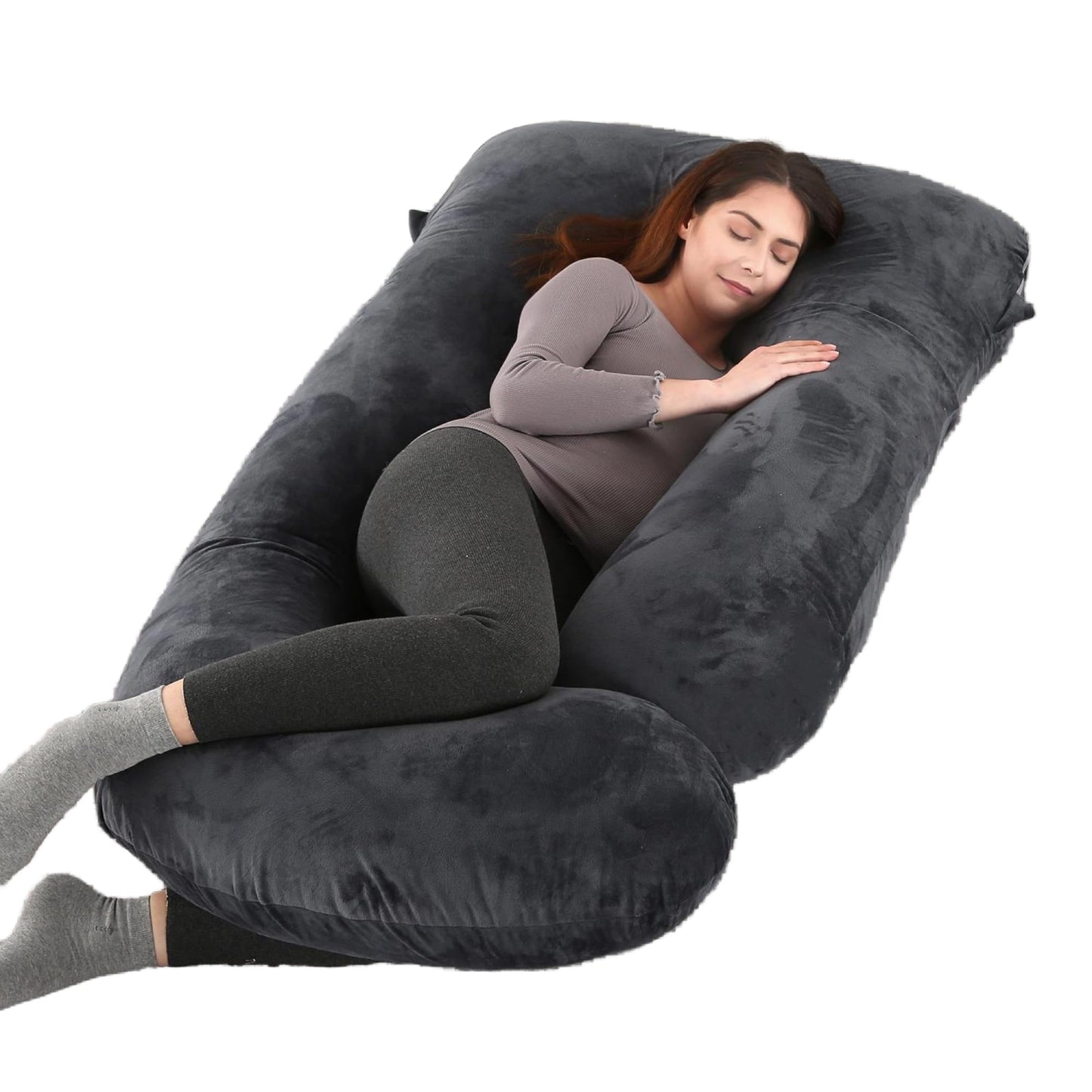 ALLOPERA Pregnancy Pillow, Full Body 57 Inch Maternity Pillow with Removable Washable Cover - Sleep Support for Legs, Back, Neck, Shoulder, HIPS, Belly for Pregnent Women, Black Grey Velvet Cover