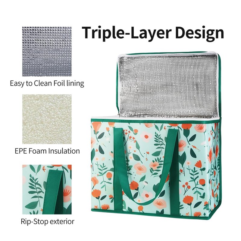 Bodaon 2-Pack Insulated Reusable Grocery Shopping Bags, X-Large Picnic Cooler Bag with Secure Top Cold, Insulated Food/Pizza Delivery Bag for Catering/Delivery Drivers
