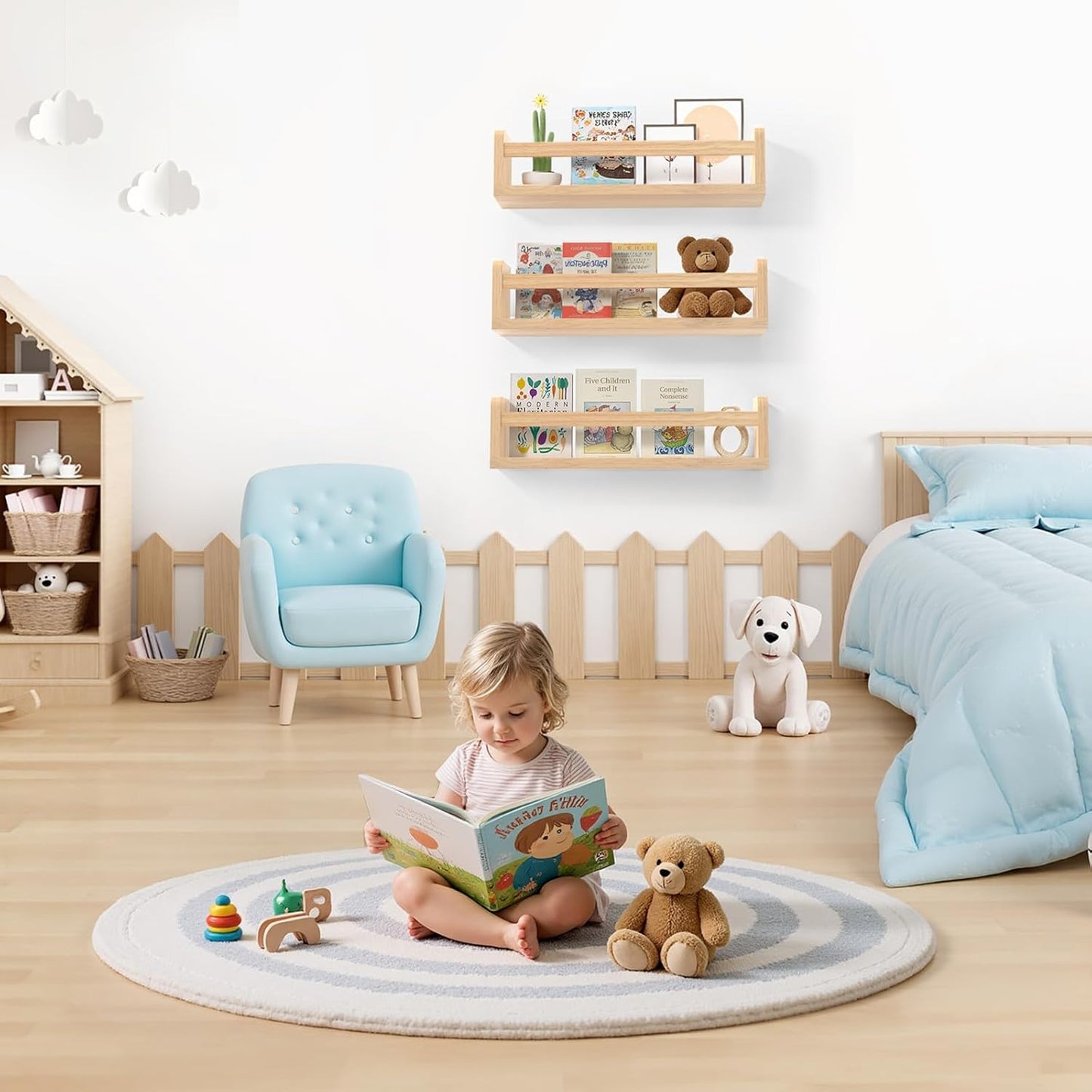 16.5 Inch Set 3 Floating Wall Nursery Book Shelves for Bedrooms Kids Natural Color Wooden Baby Book Shelf for Kids