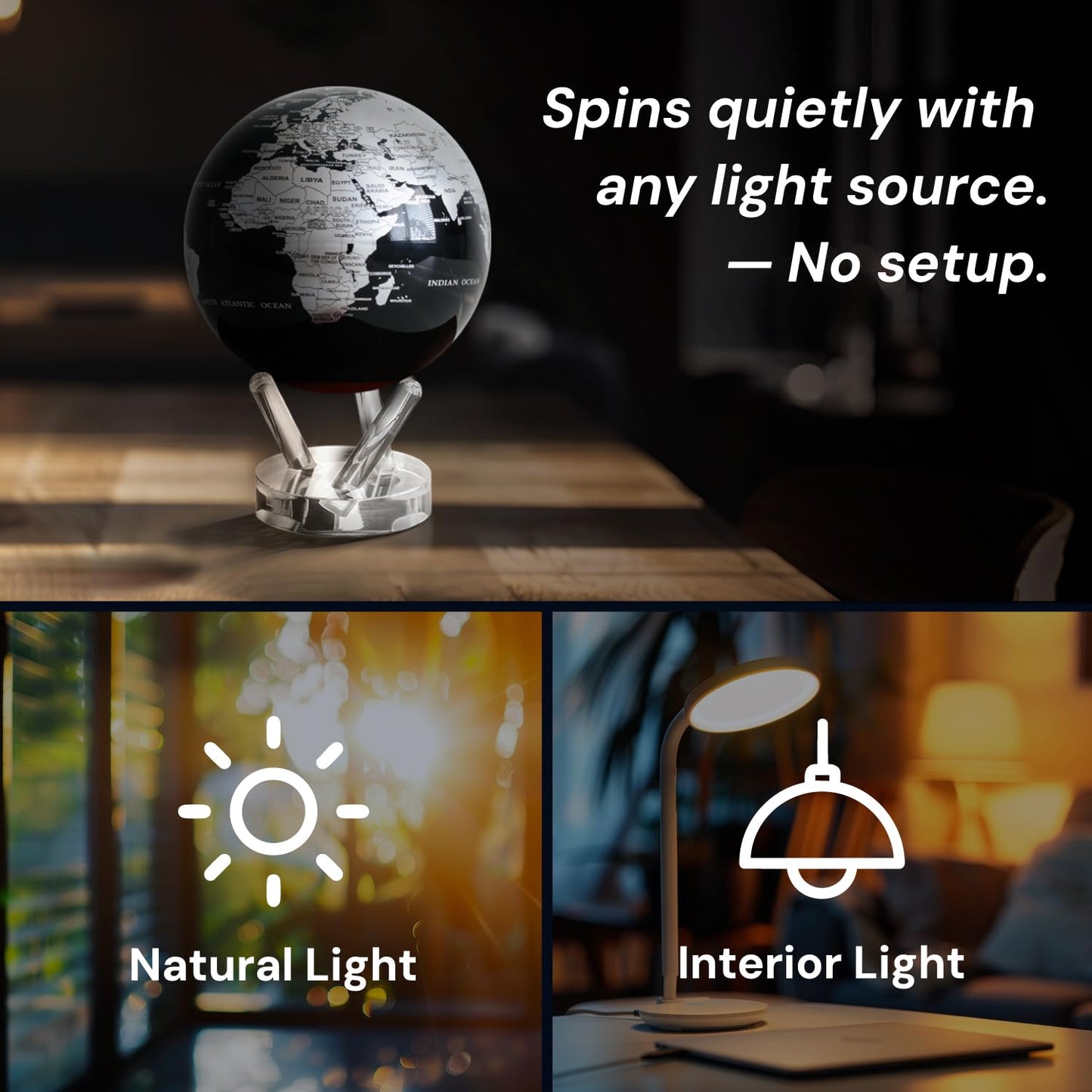 MOVA Globe - Jet Black and Silver Prestige (8.5") | Solar-Powered Rotating Desk Globe with Minimalist Map Design | No Batteries or Cords | Modern Decor Gift