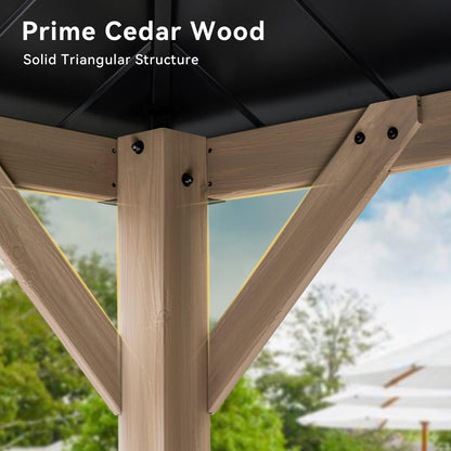 Aoxun 10' x 12' Outdoor Wood Gazebo, Hardtop Gazebo Permanent Wooden Pavilion with Galvanized Steel Double Roof, and LED Outdoor Waterproof Hanging Lights, for Patio, Garden, Deck, Cedar Wood, Grey