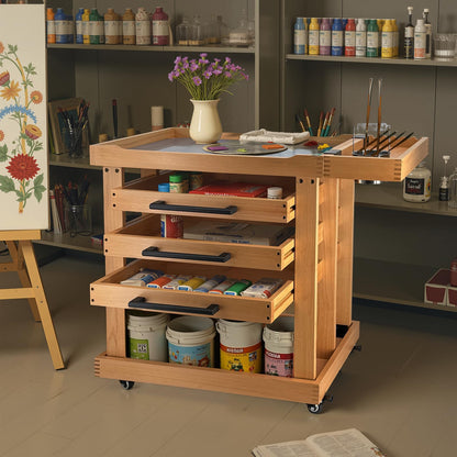 Stuelloaf Art Supplies Cart 5-Tier Organizer,Solid Beeach Wood with 3 Drawers and Caster Wheels, Rolling Utility Storage Cart for Studio, Classroom, Artists