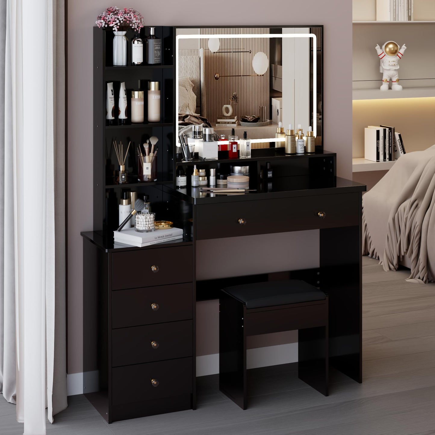 KEIKI Extra-Wide Vanity Desk with Mirror, LED Lights,3 Lighting Colors，Touch-Control,Adjustable Brightness,Cushioned Stool,41'' Makeup Vanity Table Set with 5 Storage Drawers and Shelves,Black