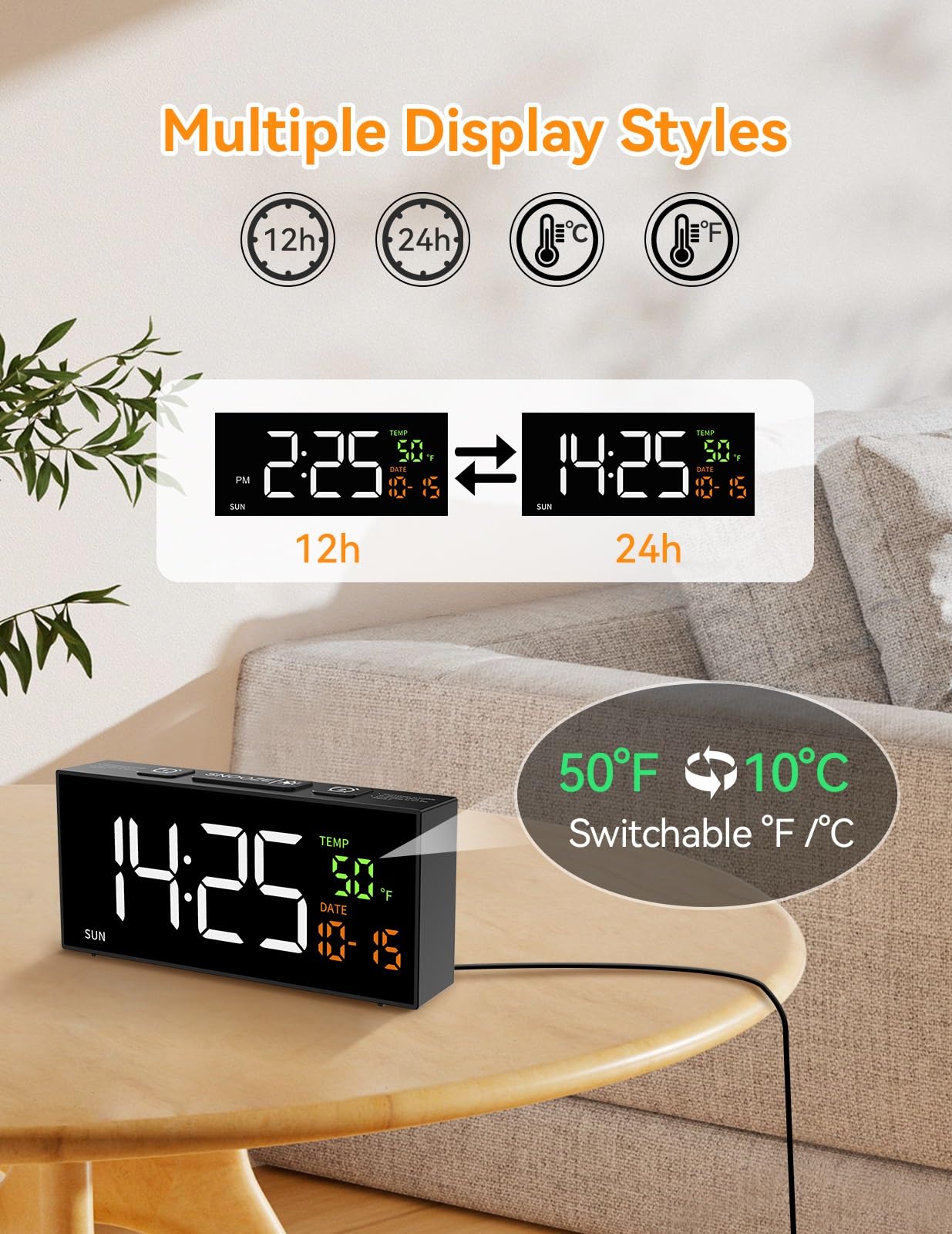 Netzu Alarm Clocks for Bedrooms, Digital Clock with Date Temperature and Weekday, Manual DST, Snooze, 2 Alarms, 4 Volumes for Living Room Home Bedside Desk (Black)