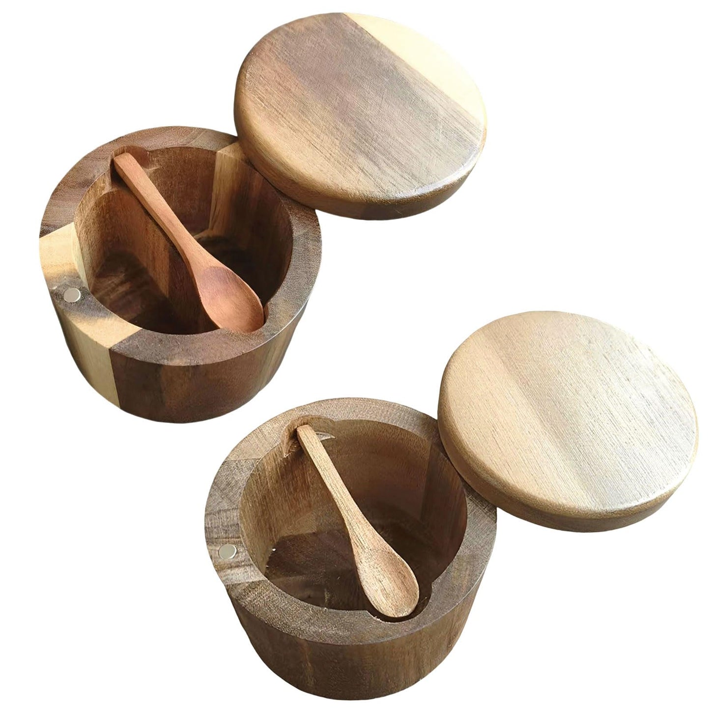 ZALIR 2 Pcs Acacia Wood Salt Cellars, Built-in Spoons, Secure-Clasp Lids, Single & Double Compartment Spice Containers, Dustproof Moisture-proof Seasoning Storage for Kitchen, 3.54 x 3.54 x 2.76 in