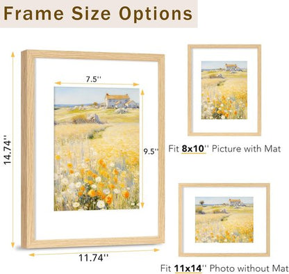 JCJMY 11x14 Solid Wood Picture Frame - Display 8x10 with Mat or 11x14 Without | Natural Finish, Shatter-Resistant Plexiglass
