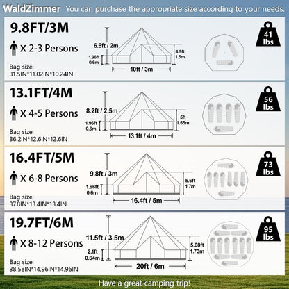 WaldZimmer Canvas Bell Tent 13.1ft Green with Pre-Cut Stove Jack, Spacious 4m Family Yurt Tent for 4-5 Person, 4 Season Water-Repellent Tents with Zipped Removable Floor for Camping and Glamping