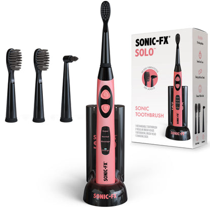 Sonic-FX Solo Electric Toothbrush - 3 Brushing Modes - with Intelligent Auto-Timer, Includes 2 Tooth Brush Heads, and 1 Interdental Head, Rechargeable, Electronic Charging/Storage Base (Black)