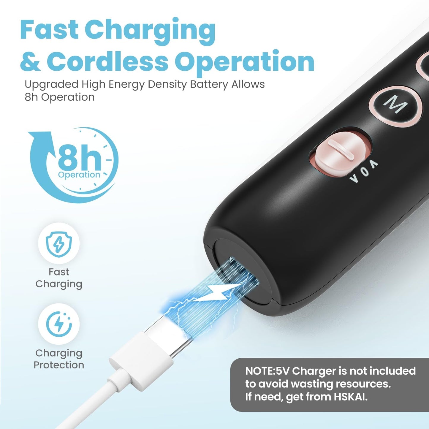 Nail Drill Electric File: HSKAI® 10000RPM Powerful Nail Drill with LCD Display, Cordless Thick Nail Grind Filer for Acrylic Gel Natural Nails Toenails, Manicure & Pedicure Multi-Tool for Home Salon