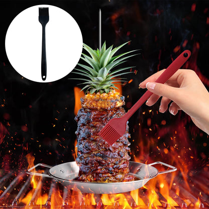 Fengzhe Al Pastor Skewer for Grill: Extra Large 13" Stainless Steel Vertical Skewer, Brazilian Spit Stand with 4 Spikes, 2 Brushes, for Tacos Al Pastor, Shawarma, Kebabs, with Fat Separator Tray