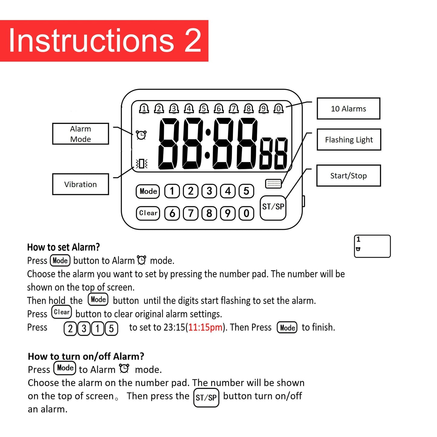 Digital Multifunction Timer with Clock, 10 Preset Alarms, Countup & Countdown, Memory Settings, White