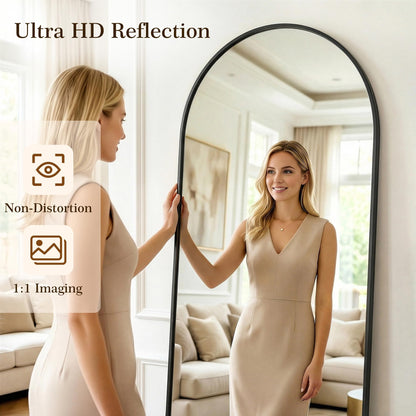 Homsion 81"x41" Arched Full Length Mirror with Stand, Free Standing Leaning Wall Mounted Aluminum Alloy Frame Mirror for Bedroom Living Room Cloakroom, Black