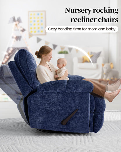GARTMILAN Oversized Manual Recliner Chair with 360° Swivel, Big and Tall Rocker Glider for Nursery Living Room, Chenille Overstuffed Reclining Sofa with Handle, 375lbs (Blue, Manual)
