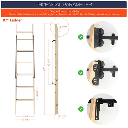 HARDJULAN 87" Knotty Pine Wood Library Ladder with Black Handrail – 300 lbs Capacity, Unfinished for Painting or Staining