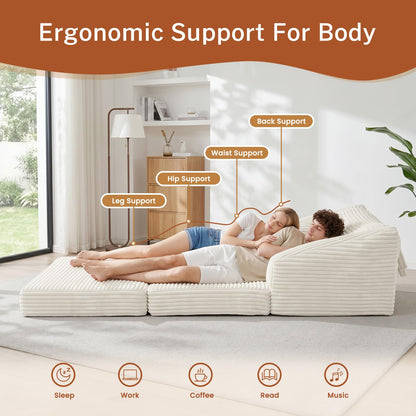 Convertible Boneless Loveseat Sleeper Sofa Bed, Folding Oversized Bean Bag Couch, Comfy Sofa Chairs for Adults with Filling, 54'' Futon Couch Bed, Beige