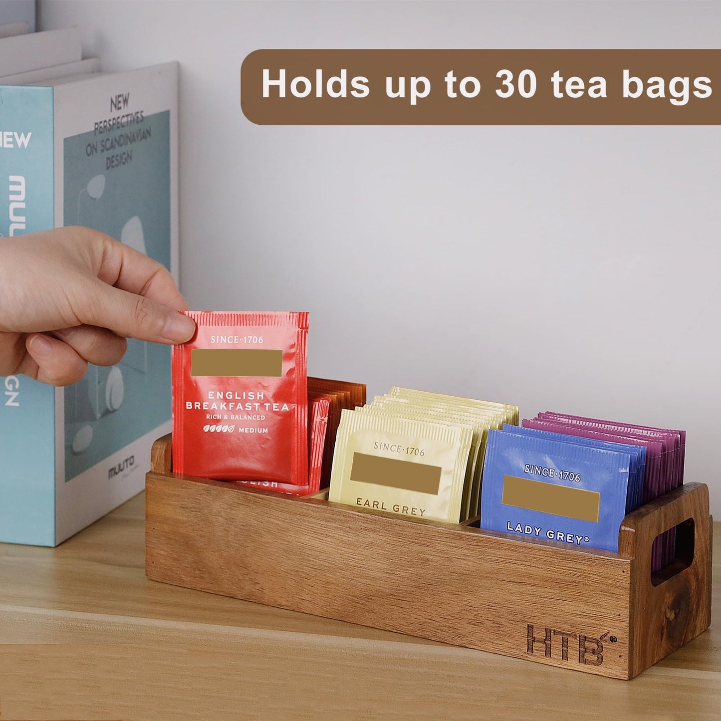 HTB Small Wooden Tea Bag Box 2PCS, 3 Compartments Acacia Wood Tea Bag Chest with Handle, Mini Countertop Divided Storage Container for Beverage Supplies, Sugar, Sweeteners, Individual Packets