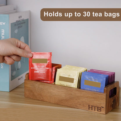 HTB Small Wooden Tea Bag Box 2PCS, 3 Compartments Acacia Wood Tea Bag Chest with Handle, Mini Countertop Divided Storage Container for Beverage Supplies, Sugar, Sweeteners, Individual Packets