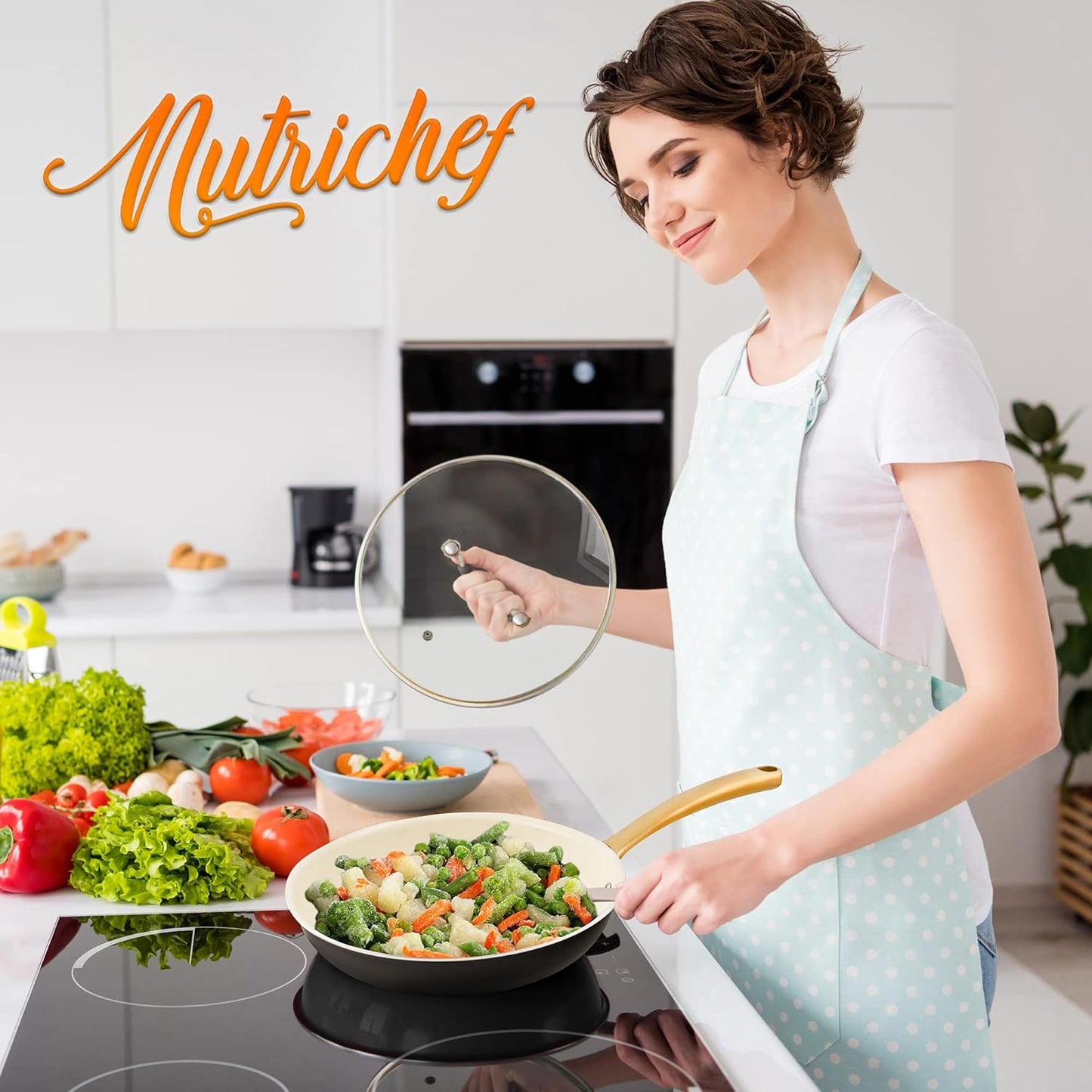 NutriChef 8” Small Fry Pan - Professional Nonstick Frying Pan with Ceramic Coating, Golden Titanium Handle, Easy to