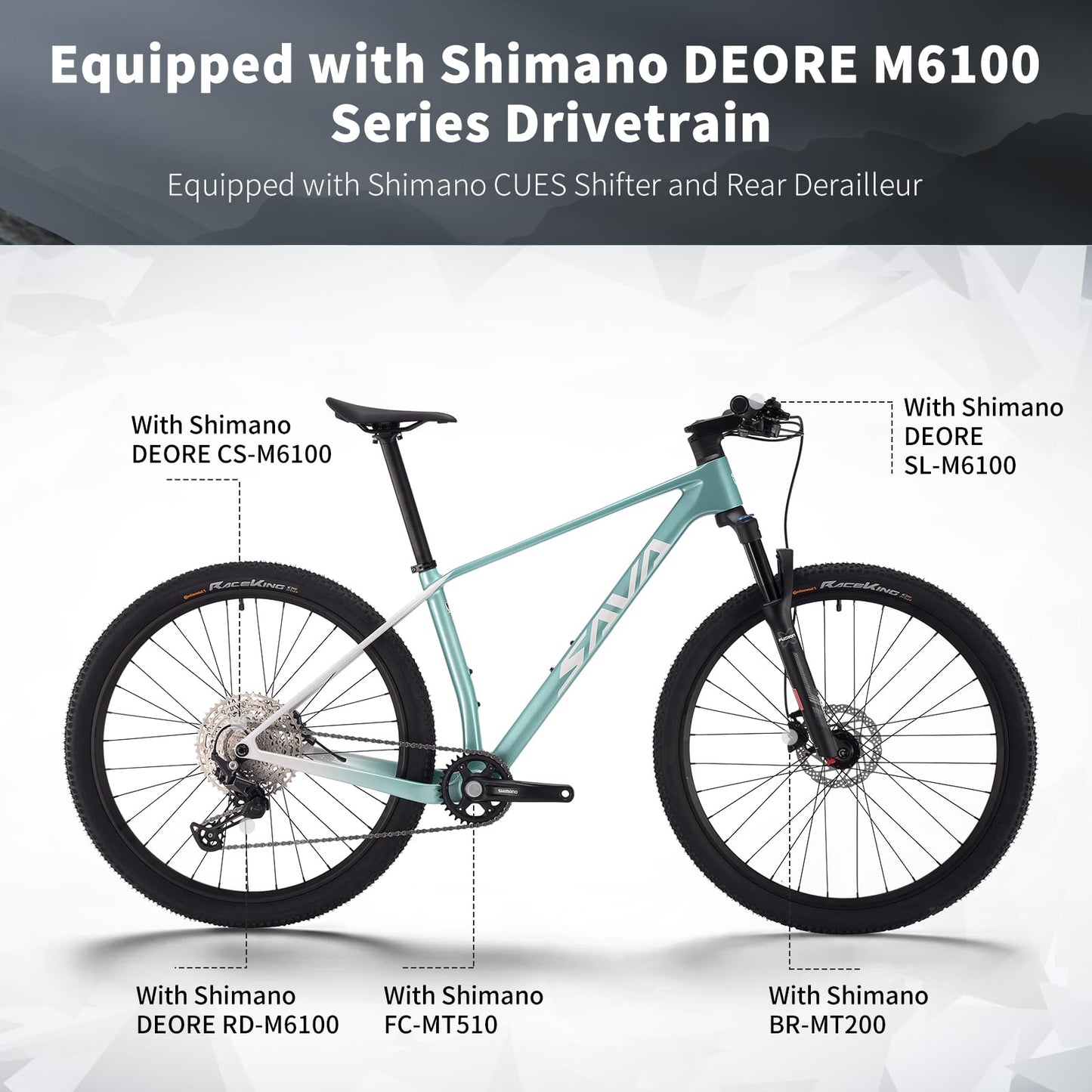 SAVADECK Carbon Fiber Mountain Bike with Shimano Deore M6100 12-Speed, MTB Bicycle with Hydraulic Disc Brakes(Green, 27.5 * 15)