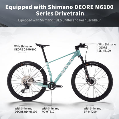SAVADECK Carbon Fiber Mountain Bike with Shimano Deore M6100 12-Speed, MTB Bicycle with Hydraulic Disc Brakes(White, 27.5 * 17)
