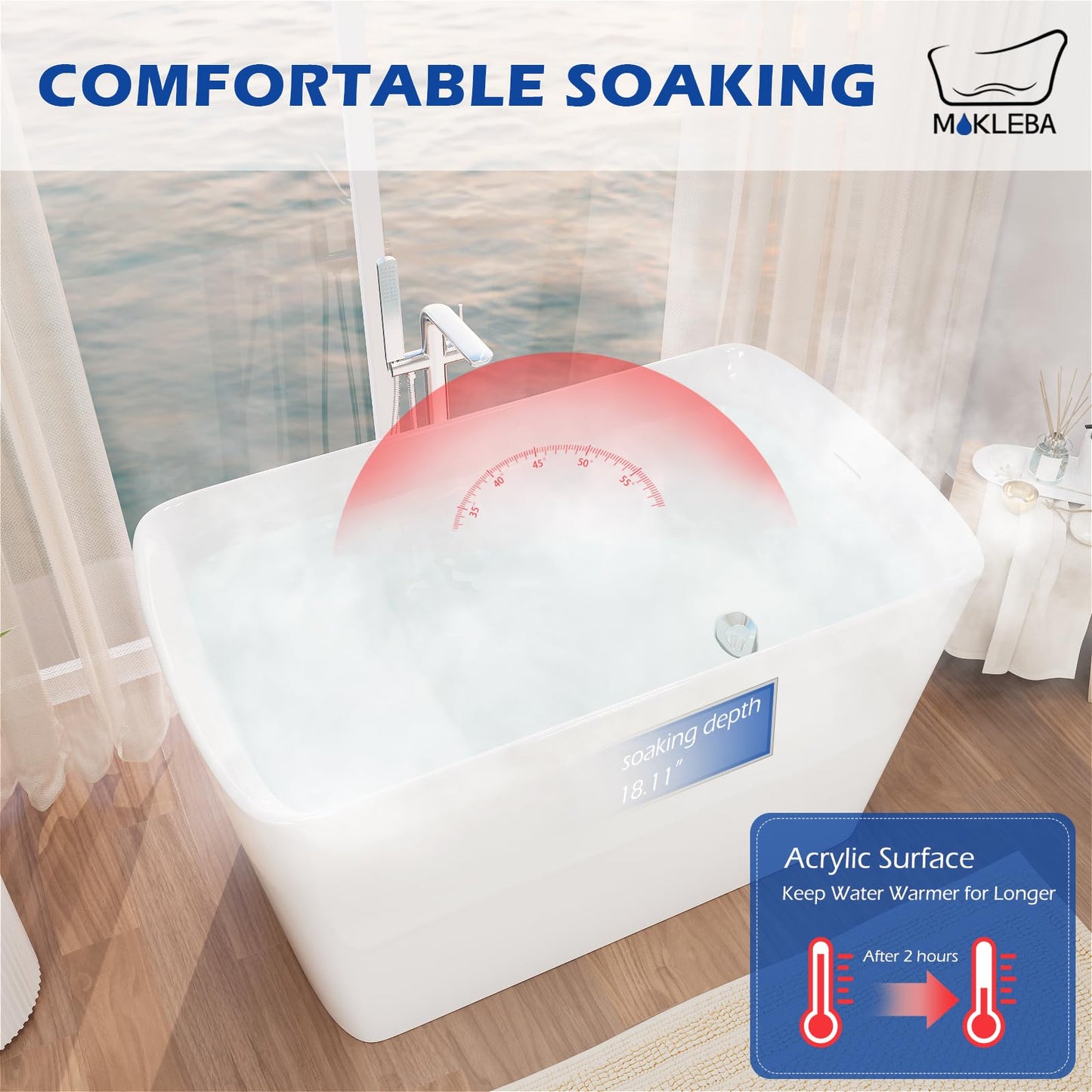 Mokleba 47" Lucite Acrylic Freestanding Bathtub，Square Shape Japanese Soaking Tub with Seat Desgin,Toe-tap Chrome Right Drain, Slotted Overflow, cUPC Certified,Glossy White