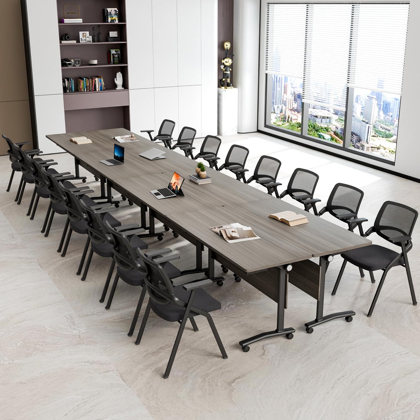 JNMDLAKO Folding Conference Room Table for 6-12 Person, Modular Mobile Large Flip-Top Training Table with Locking Wheels, Modern Rectangular Seminar Meeting Tables for Office (6, Elm, 47.2in)