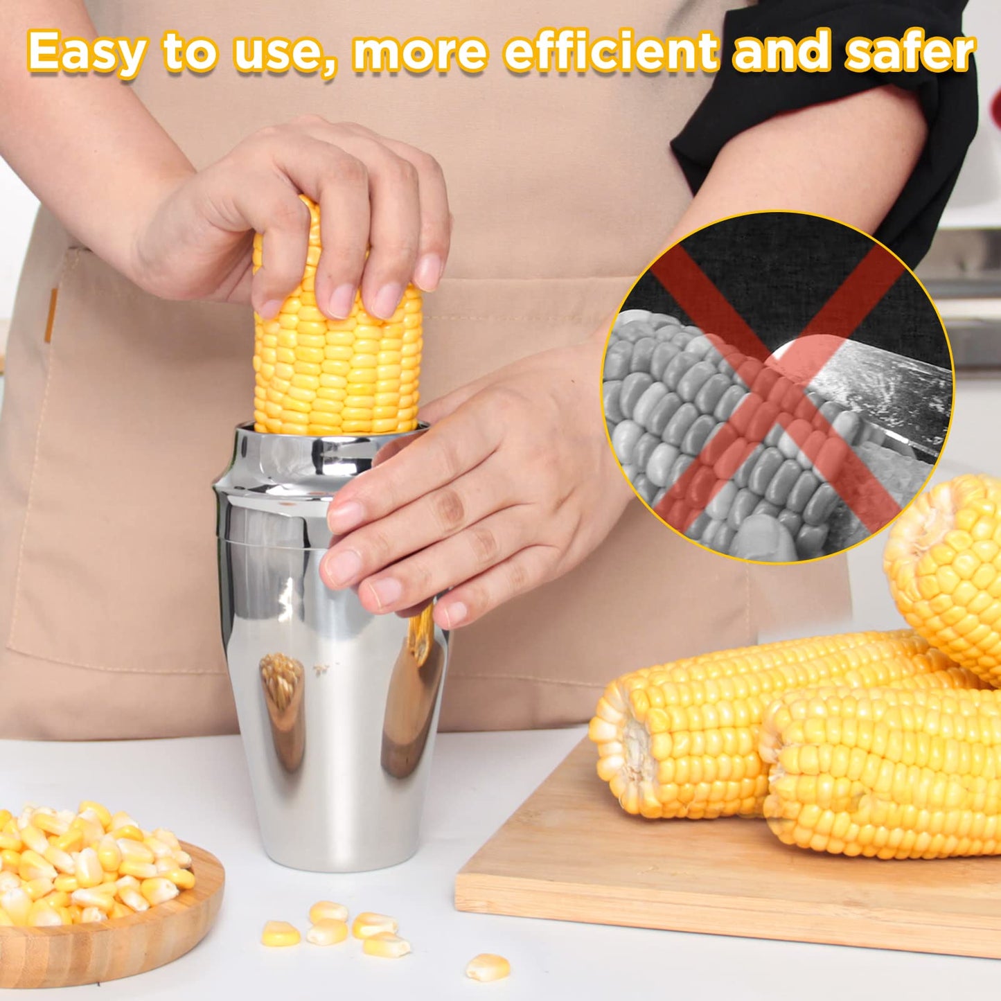YYP Corn Cutter Peeler, Corn Cob Stripper with Cup [No Splatters or Mess], 304 Stainless Steel Corn on the Cob Remover Kitchen Tool, Corn Kernel Shucker Separator Slicer with Serrated Sharp Blade