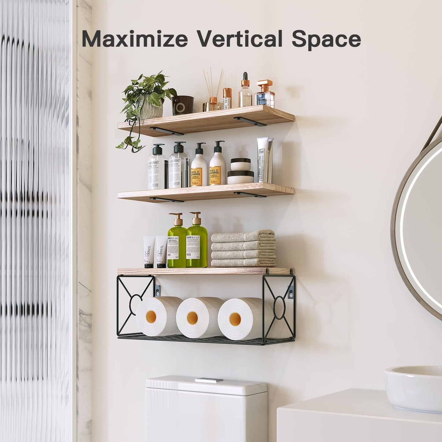 Amada Bathroom Shelves Over Toilet with Storage Basket, Floating Wall Shelves for Home Organization & Wall Decor, Bathroom/Kitchen/Living Room ShelvesBlack