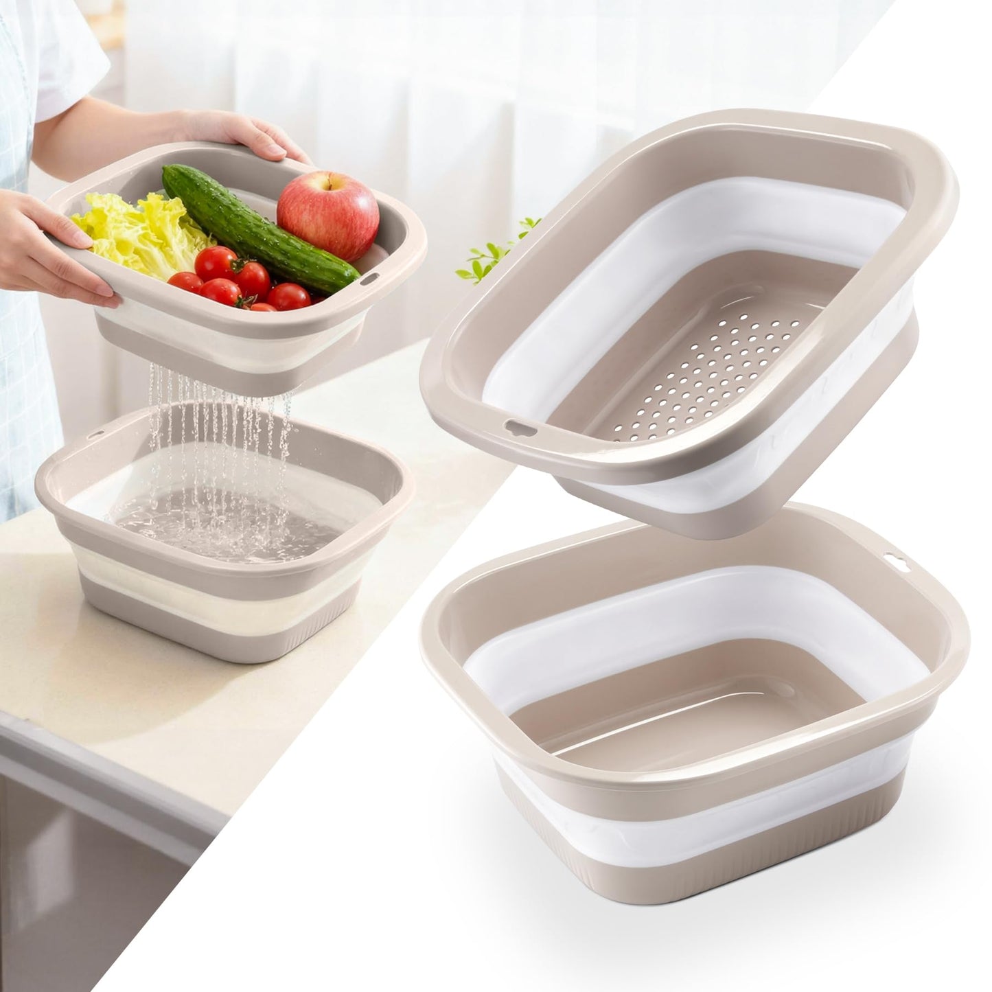 SINGARO 2.8 Gal (10.5L) Collapsible Dish Basin with Drain Basket Colanders, Multiuse Double-Layer Foldable Strainers Sink Tub, Collapsible Wash Basin Pan, Plastic Tubs, Dishpan, Kitchen Sink, Pink