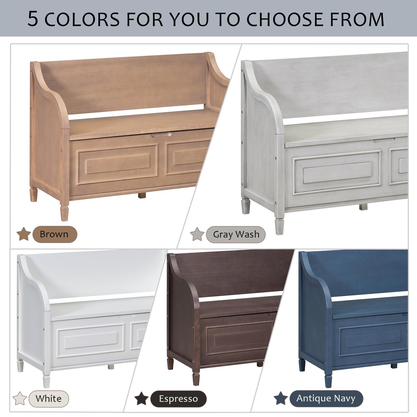 Brisca Rustic Style Storage Bench with Safety Hinge,Solid Wood Entryway Multifunctional Shoe Stool,W/Removable Upholstered Cushion,for Foyer,Bedroom,Antique Navy+Beige