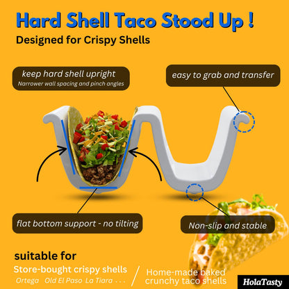HolaTasty Taco Holders Set of 4 Ceramic, Dual Taco Stand for Dinner Plate - Compact Taco Rack 2-Slot for Hard Shell Tacos, Tuesday Taco Server Mini Taco Holder, Taco Heater for Microwave Oven, White