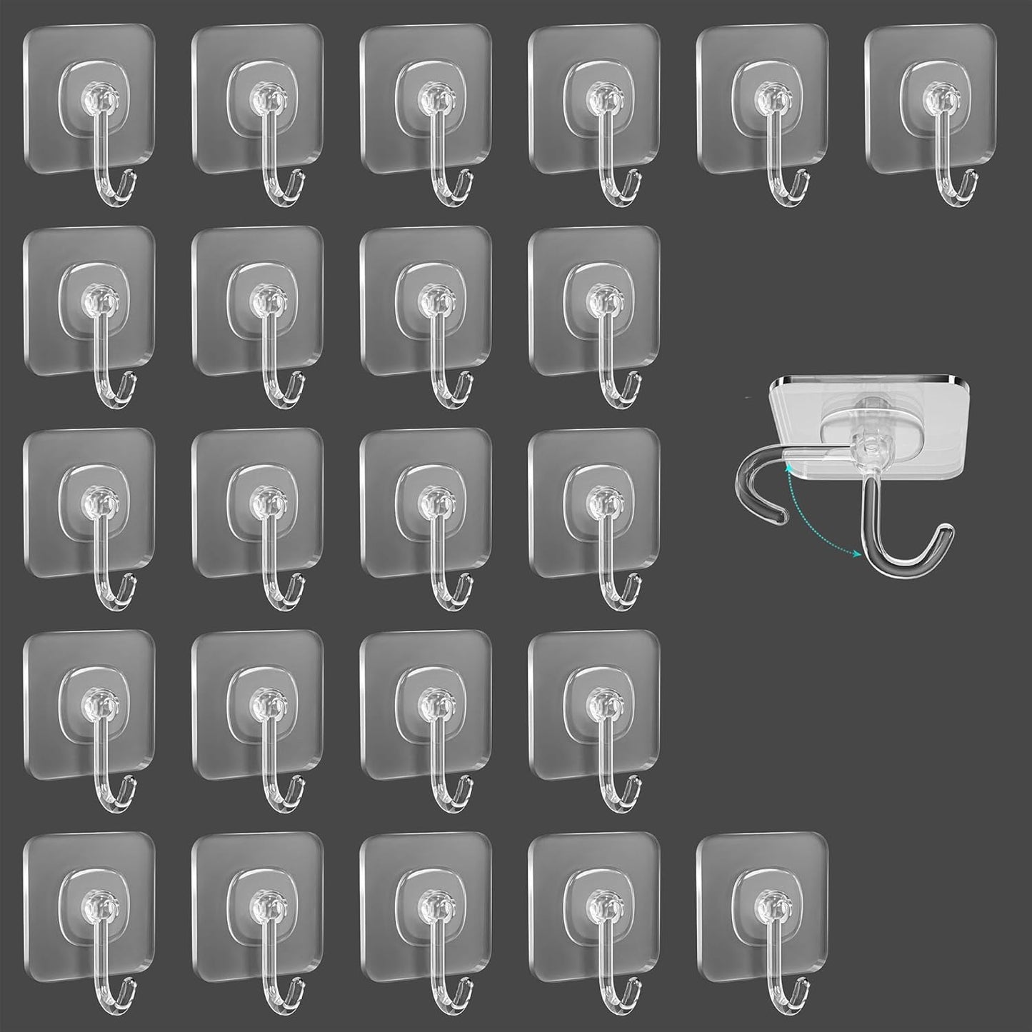 TocTen 24 Pack Heavy Duty Adhesive Hooks, 30lb Max, Damage Free Self-Adhesive Clear Wall Hooks for Bathroom Kitchen