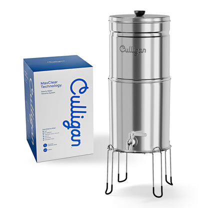 Culligan MaxClear 2.25 Gallon Gravity Water Filter System, Polished Stainless-Steel Countertop Water Filter NSF/ANSI Certified to Reduce Microplastics, Lead & Total PFAS, with 1 Ceramic Filter