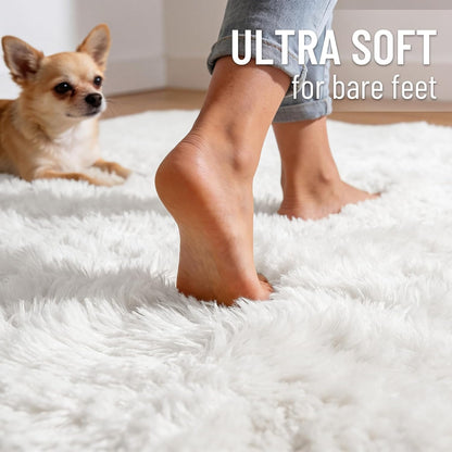 OLANLY 6x6 Area Rug - Soft Fluffy Shaggy Design for Living Room & Bedroom | Machine Washable White Carpet