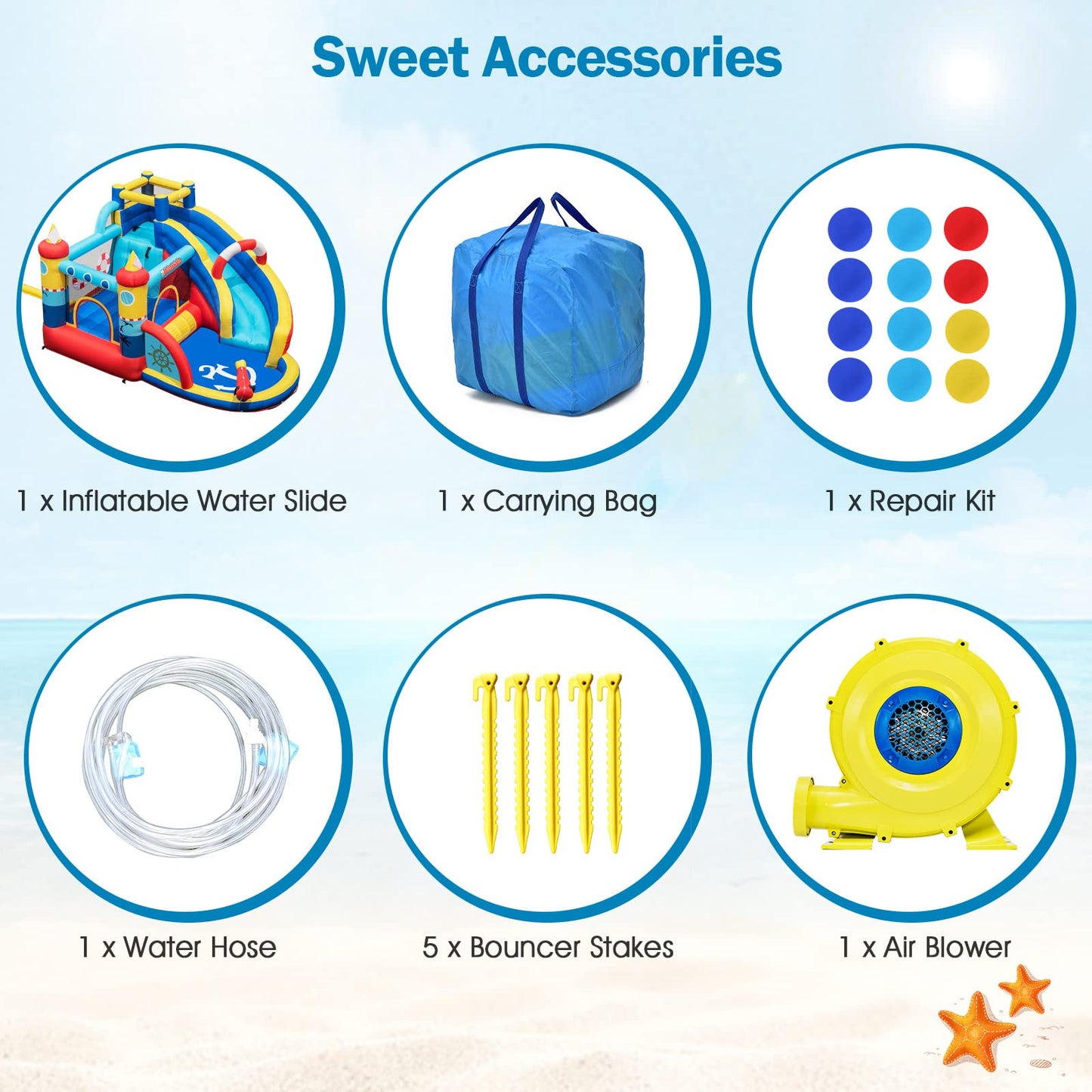 OLAKIDS Inflatable Water Slides, Nautical Themed Bouncy House with Slide, Splash Pool, Climbing Wall, Water Gun, Outdoor Jumping Castle with Hose, Carry Bag, Repairing Kit, Stakes