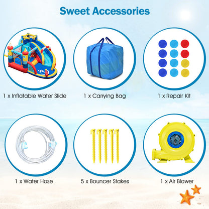 OLAKIDS Inflatable Water Slides, Nautical Themed Bouncy House with Slide, Splash Pool, Climbing Wall, Water Gun, Outdoor Jumping Castle with Hose, Carry Bag, Repairing Kit, Stakes
