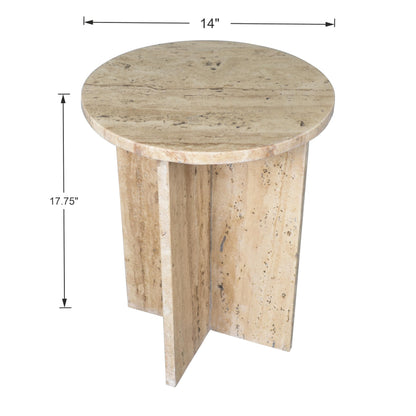 JONATHAN Y Javier Solid Travertine Marble End Table, 14-inch Round Modern Accent Side Table with Geometric Cross Base for Living Room, Bedroom, Glossy Natural Stone, Fully Assembled MTB1103C