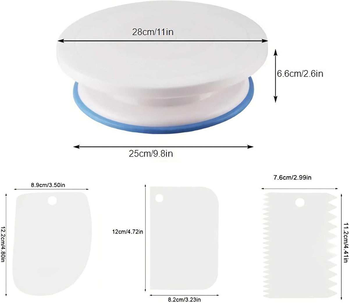 KNC 11 Inch Rotating Cake Turntable with 3x Icing Smoother, Cake Decorating Tools, White Baking Supplies
