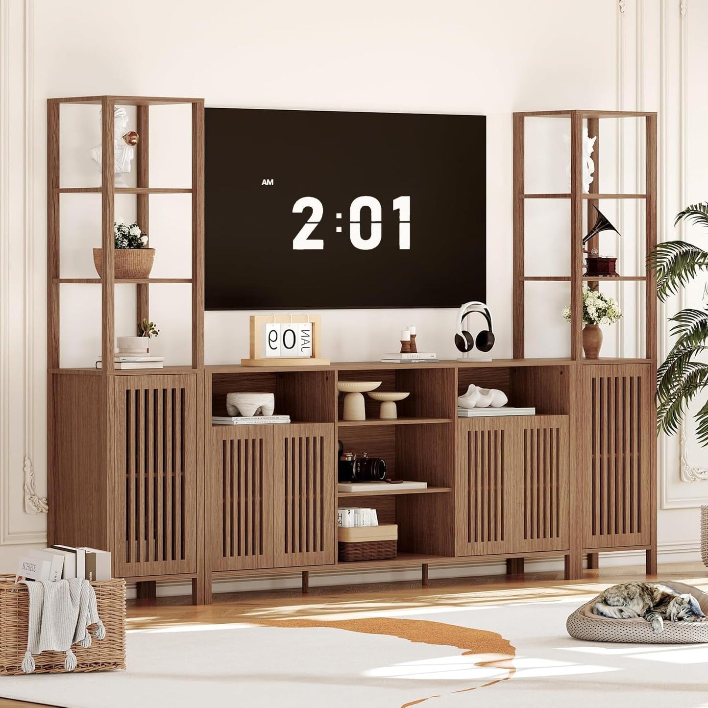 Garvee Large TV Stand with Set of 2 Bookcases, Farmhouse Entertainment Center for 70" Television with Storage Cabinets & Bookshelves, Modern Media Console Table for Living Room, Bedroom