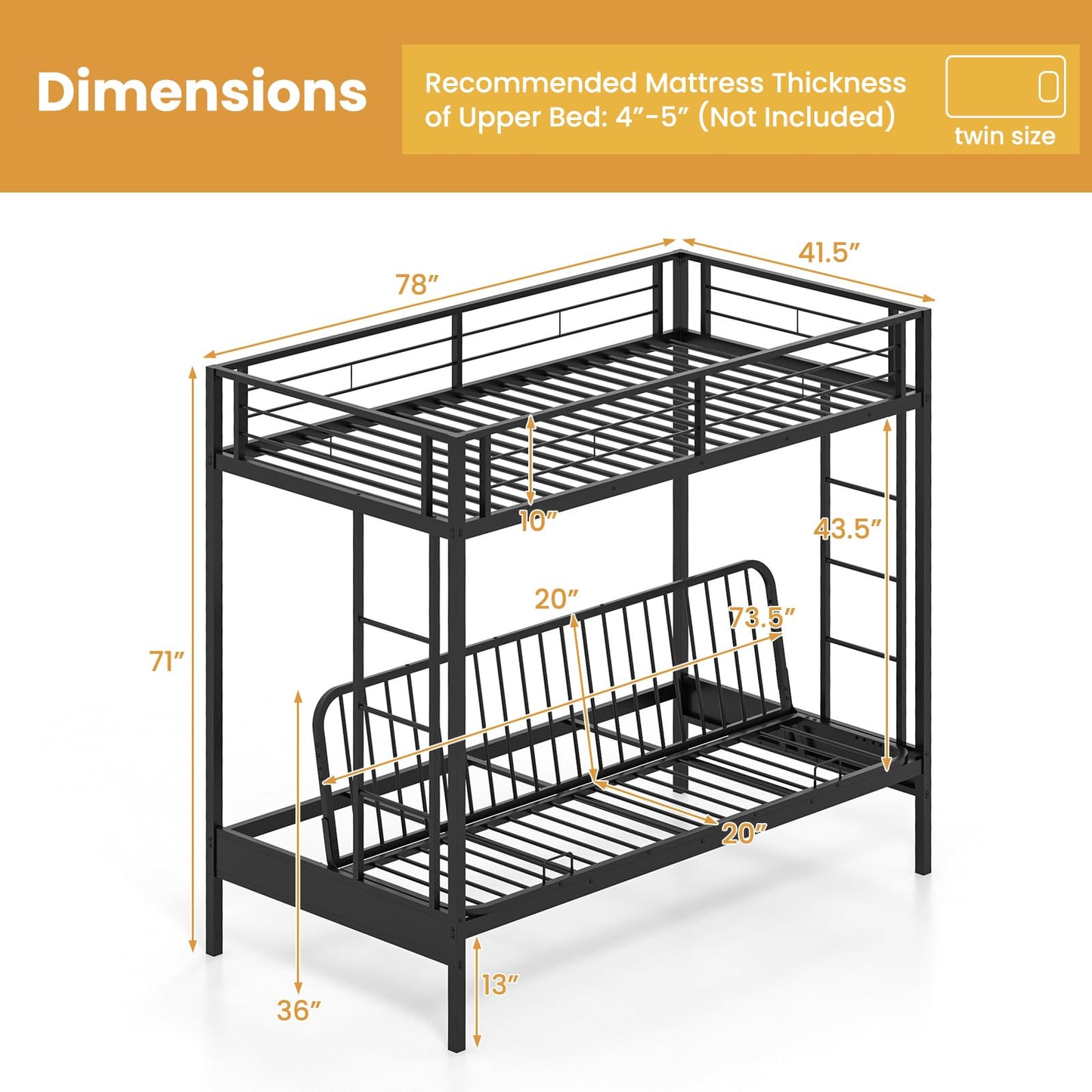 Giantex Twin Over Twin Futon Bunk Bed, Convertible Metal Bunk Bed with Futon Frame, 2 Ladders & Safety Guardrails, Heavy Duty Sofa Couch Beds with Under-Bed Space, for Kids, Teens, Adults, Black