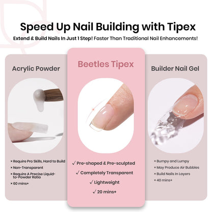 Beetles Tipex Instant Apex Nail Tips Kit, Coffin Long 224Pcs 16 Sizes Pre-Building & Pre-Etched Thicker Acrylic Nails False Nail Extension with Tipex Nail Glue Mini Nail Lamp