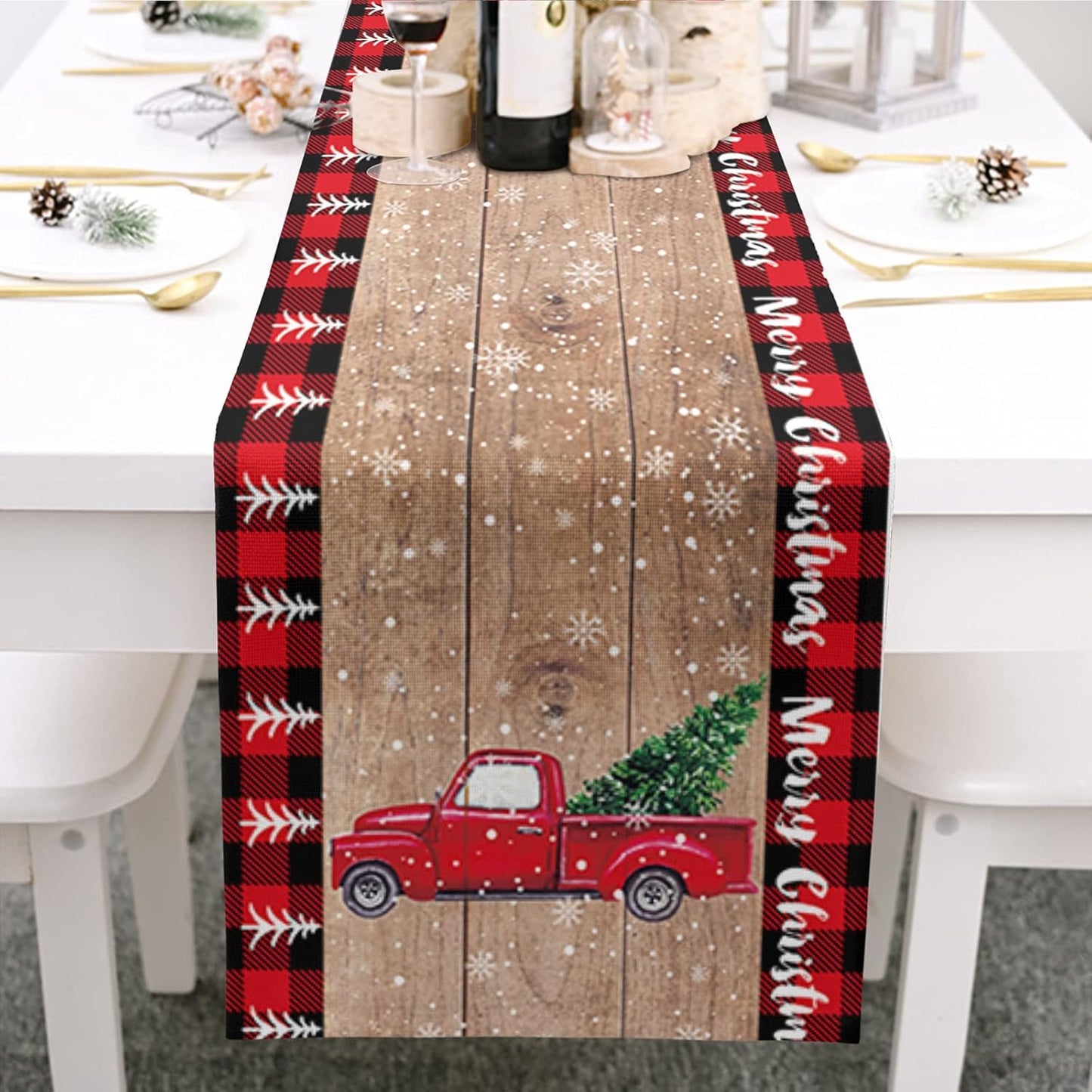 Christmas Table Runner 72 Inch Truck with Xmas Trees, Red Black Buffalo Plaid Cotton Linen for Holiday Party